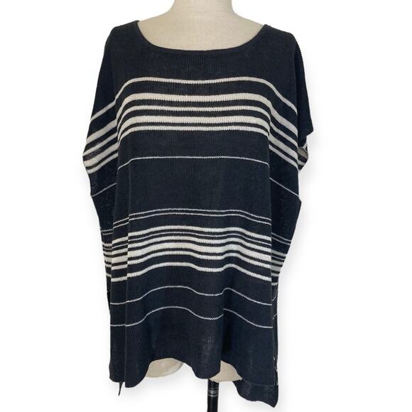 Eileen Fisher striped linen poncho sweater, womens large gray ivory organic knit - Picture 2 of 10